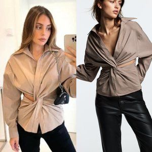 ZARA NWT Cut Out Knotted Shirt Brown